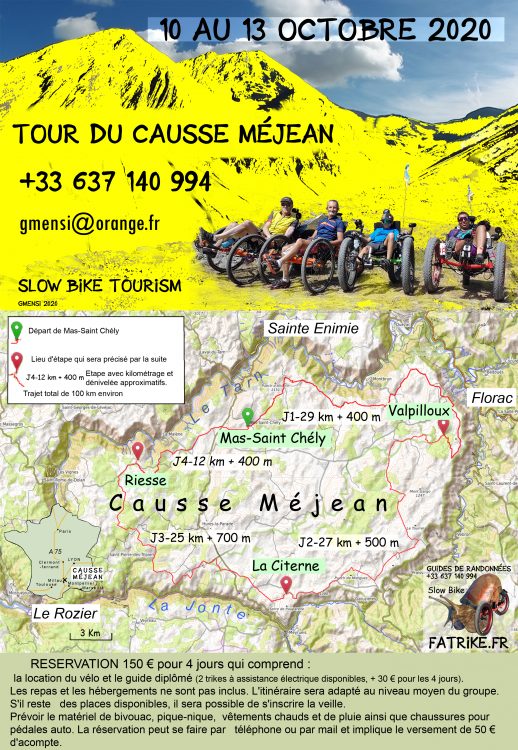 Contact réservation du tour du causse Méjean en Fatrike du 10 au 13 octobre 2020 ainsi que la carte de l'itinéraire